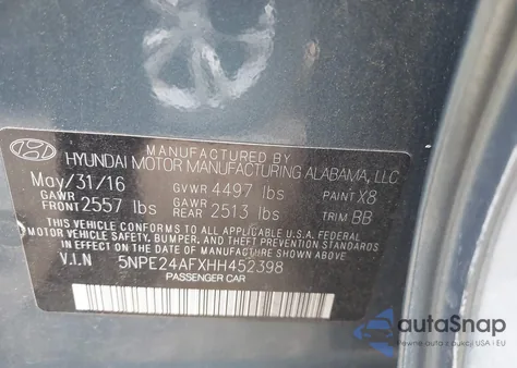 2017 Hyundai Sonata Se z USA, uszkodzony, nr VIN 5NPE24AFXHH452398